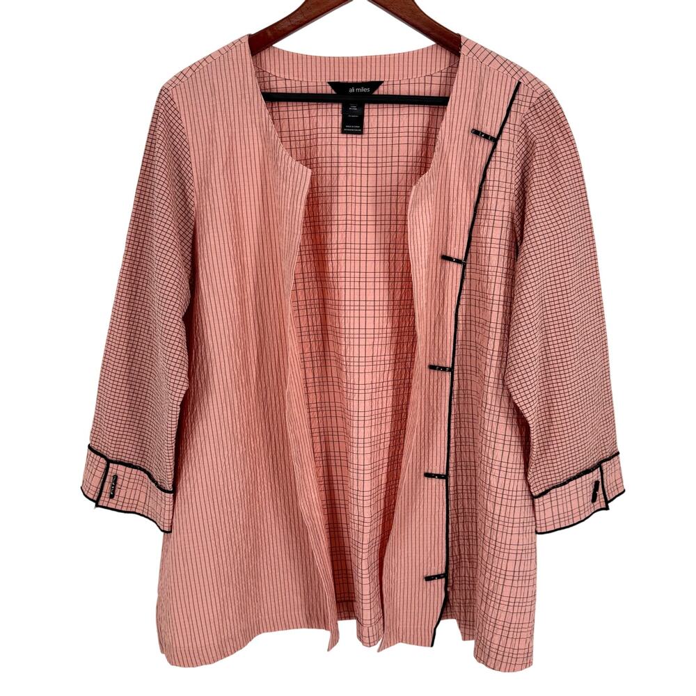 Ali Miles Sz Large Open Front Wearable Art to Wear Pink Black Blouse Shirt Top